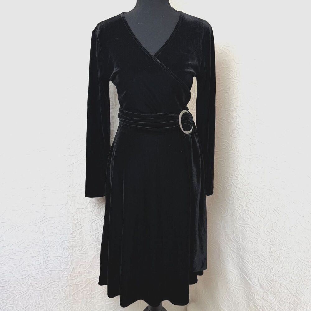 90s Y2K Talbots Black Velvet Faux Wrap Midi Dress Belt Whimsigoth Cocktail 4P
